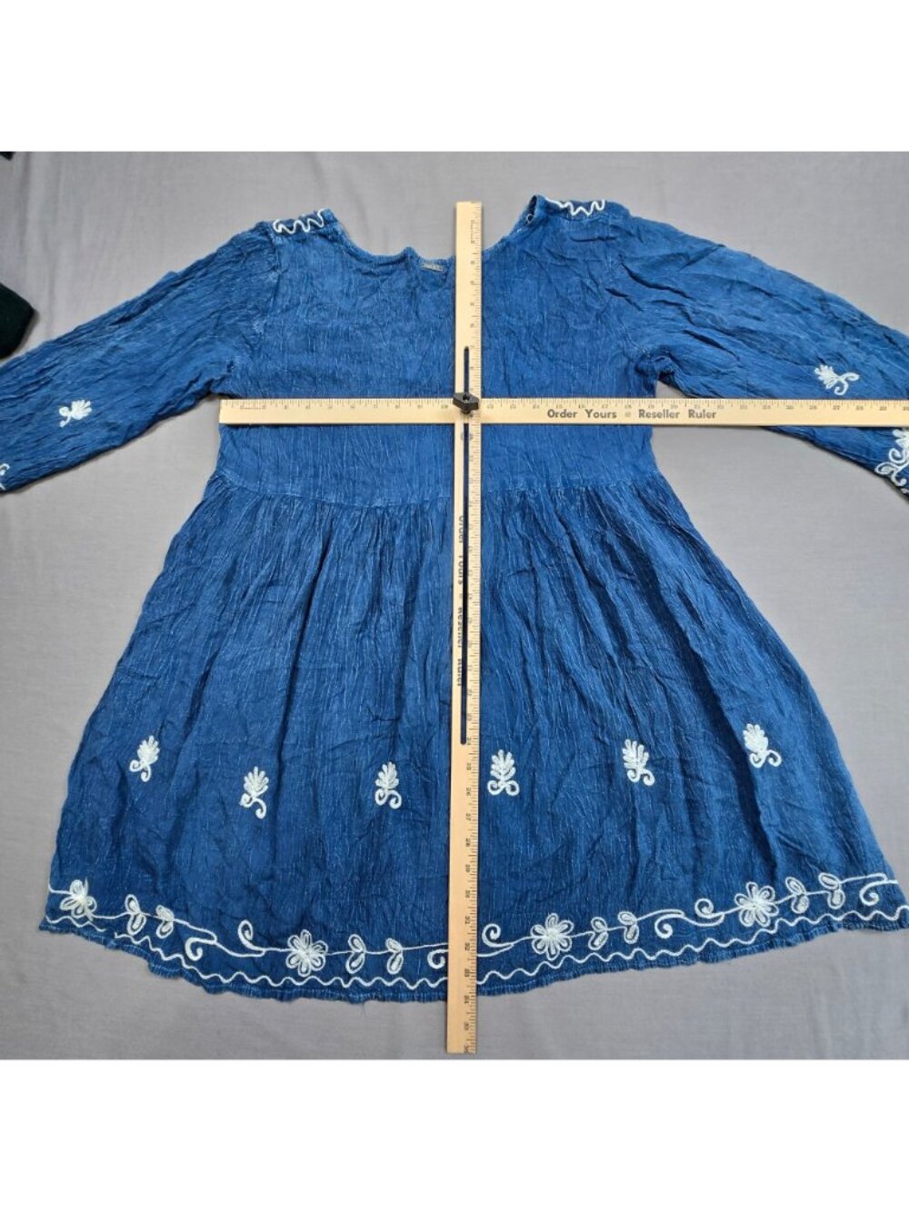 Exist Medium Boho Peasant Dress Indigo Embroidered Rayon Flowy Modest 3/4 Sleeve - Picture 4 of 7